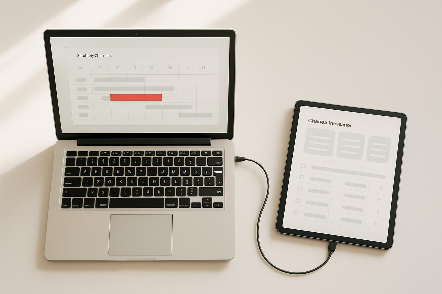 A laptop and tablet on a hotel front desk representing two separately billed systems, a PMS and a channel manager.