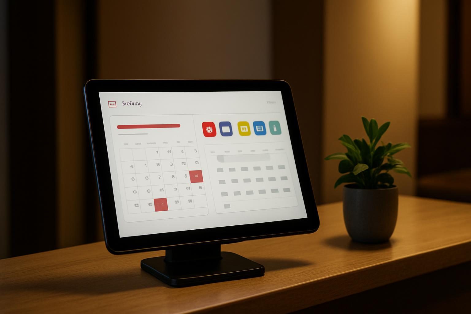 A single tablet at a guesthouse reception showing one unified dashboard instead of two separate systems.