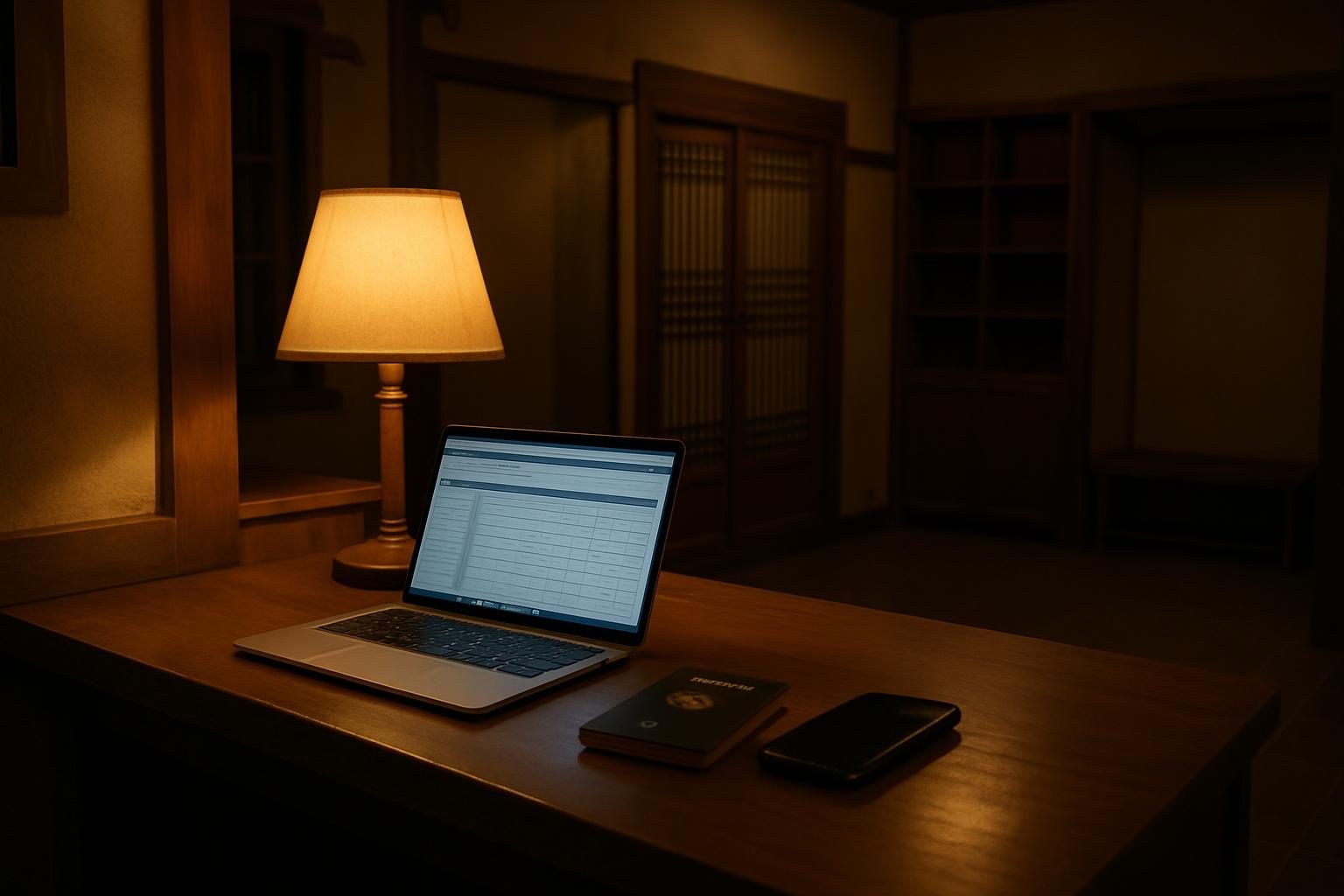 A dimly lit guesthouse front desk at 2am with a passport and laptop showing a check-in screen