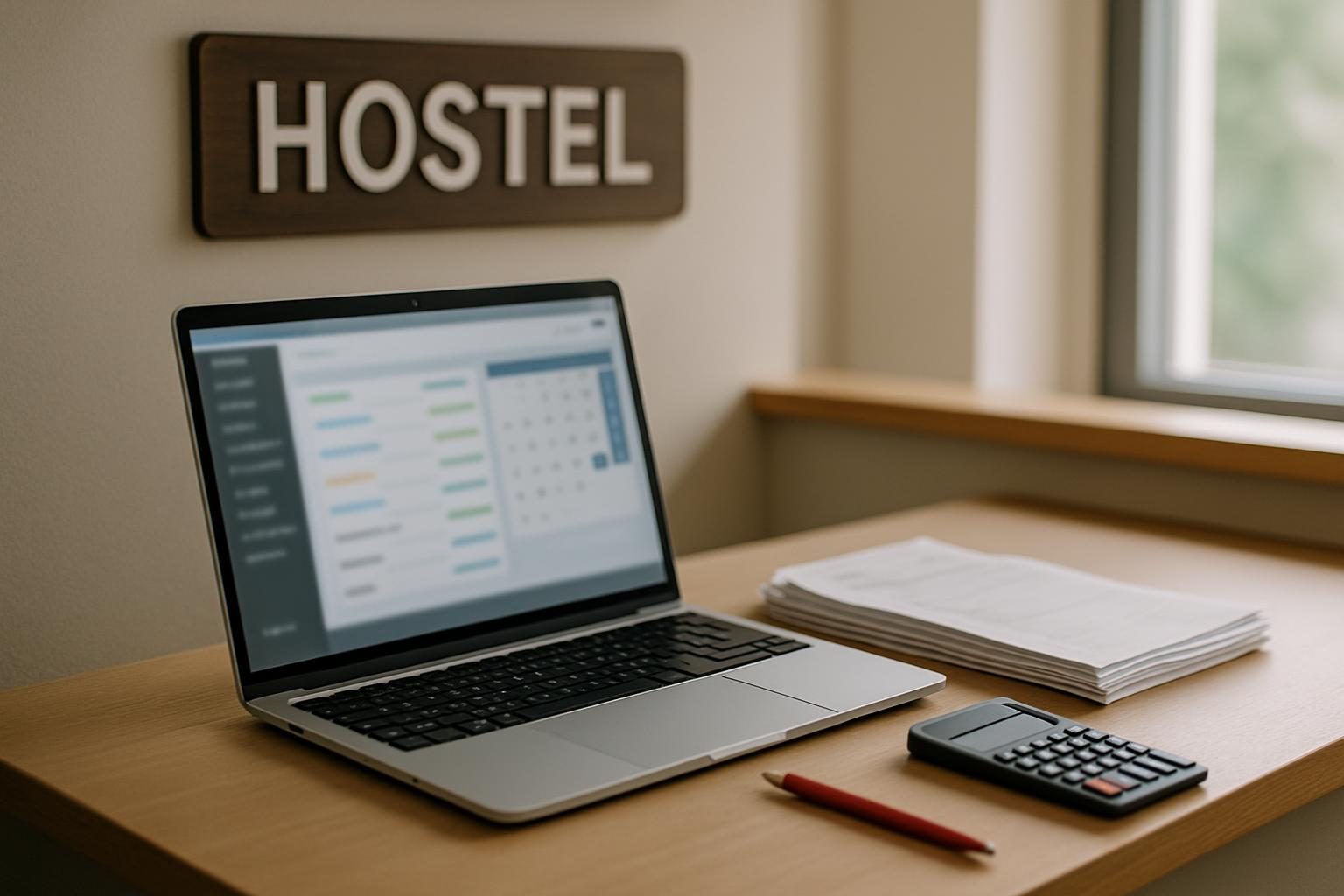 A hostel front desk with a laptop and invoices hinting at hidden PMS pricing costs
