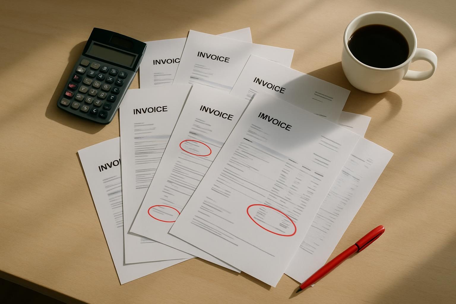 Printed invoices marked with red pen circles showing extra fees hidden from the pricing page
