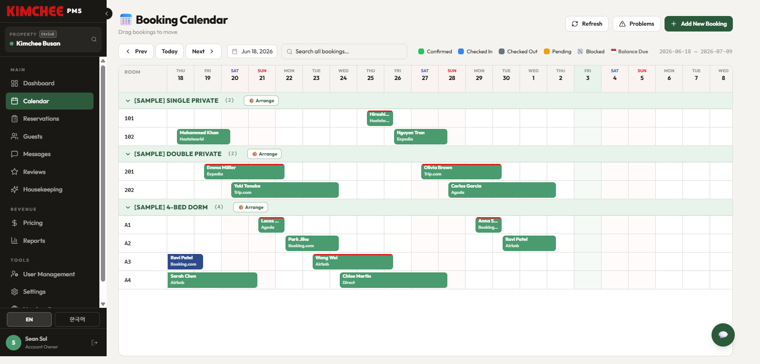 Kimchee PMS booking calendar