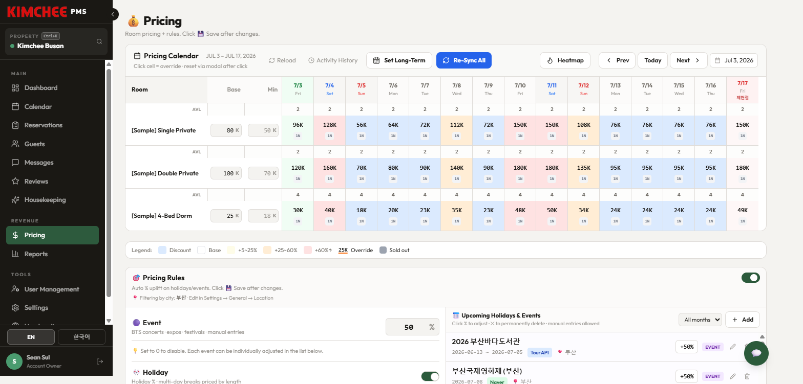 Kimchee PMS smart pricing